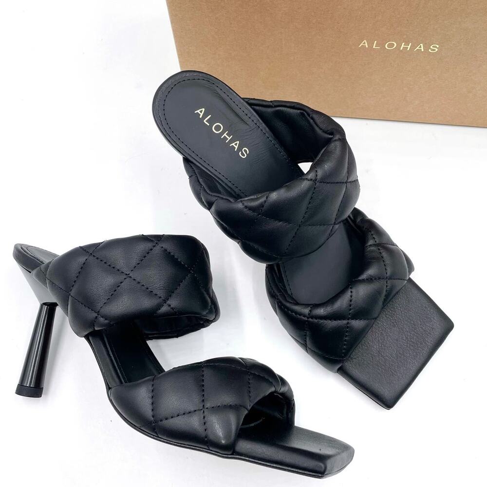 Alohas Conner Sandals Black Leather Quilted Heels‎ Square Toe Sz 8.5